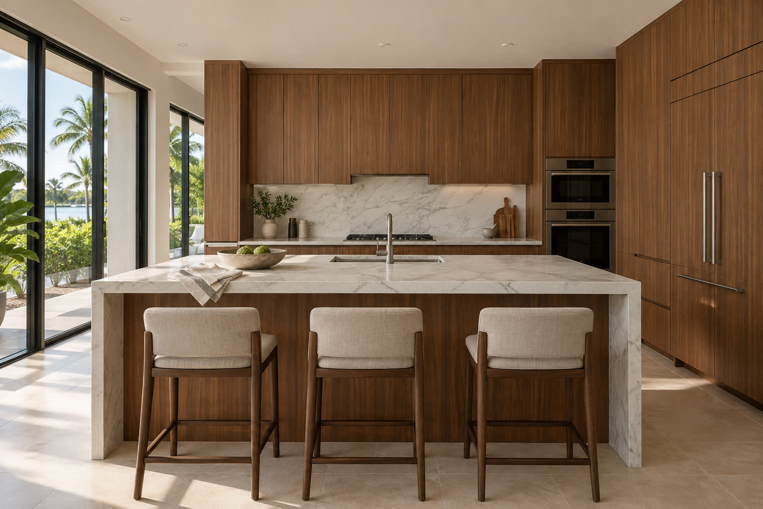 Warm walnut against cool marble